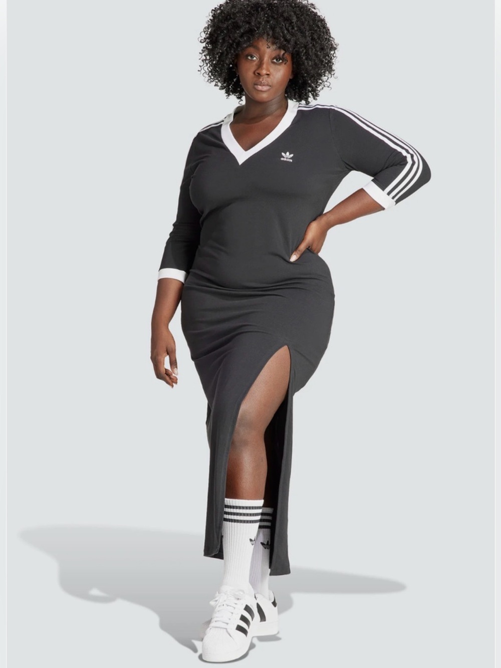 Adidas Plus 4X  Adicolor Classics 3-Stripe V-Neck Maxi Dress Black & White - Picture 8 of 10